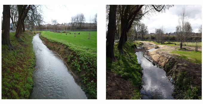 Downstream view of the River Lea at the Moor before and after