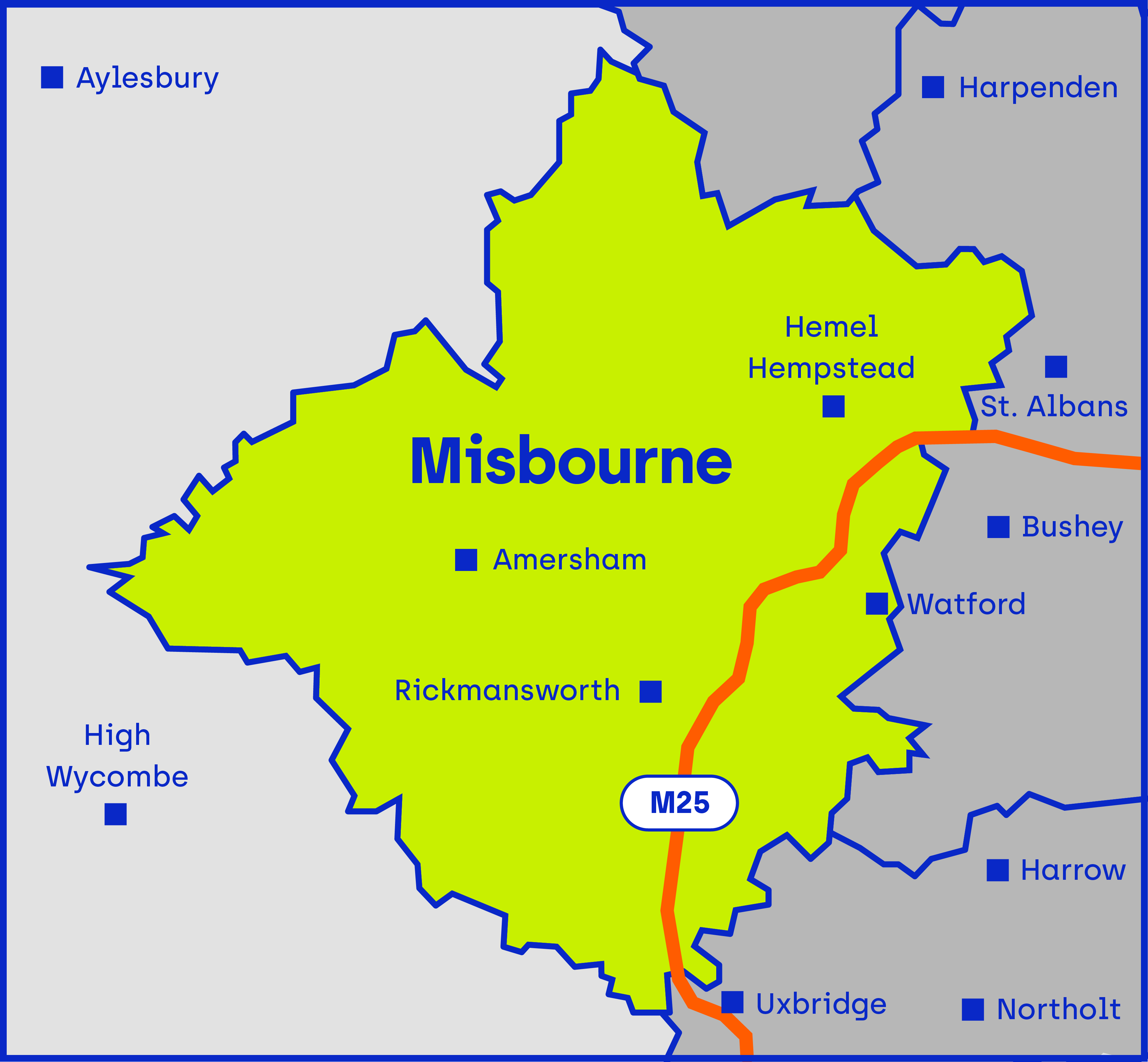 Map of Misbourne area, covering Hemel Hempstead, Rickmansworth and Amersham